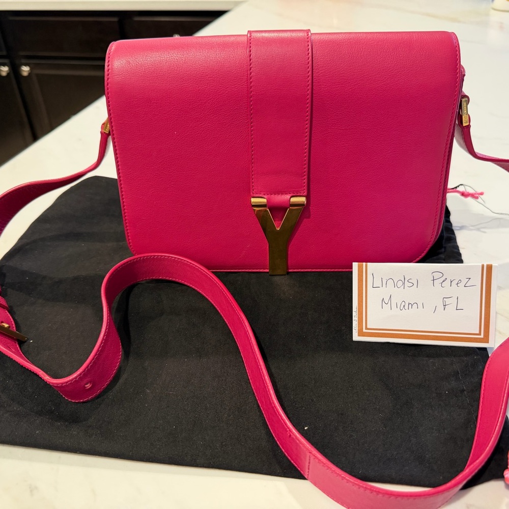 Yves Saint Laurent Hot Pink Leather Shoulder Bag with Gold Y Hardware- Authentic